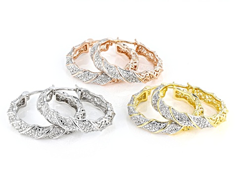 White Diamond Accent Rhodium, 14k Yellow And Rose Gold Over Bronze Set of 3 Hoop Earrings