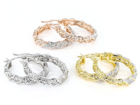 White Diamond Accent Rhodium, 14k Yellow And Rose Gold Over Bronze Set of 3 Hoop Earrings