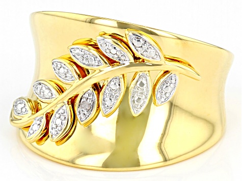 White Diamond Accent 14k Yellow Gold Over Bronze Wide Band Leaf Design Ring