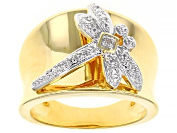Picture of White Diamond Accent 14k Yellow Gold Over Bronze Wide Band Dragonfly Ring