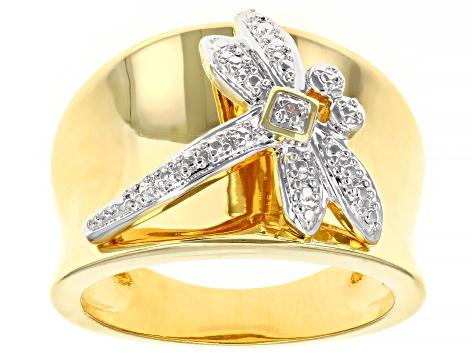 White Diamond Accent 14k Yellow Gold Over Bronze Wide Band Dragonfly Ring