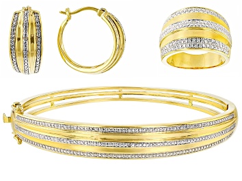 Picture of White Diamond Accent 14k Yellow Gold Over Bronze Ring, Earring And Bracelet Set