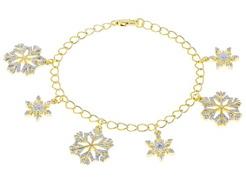 Picture of White Diamond Accent 14k Yellow Gold Over Bronze Snowflake Charm Bracelet