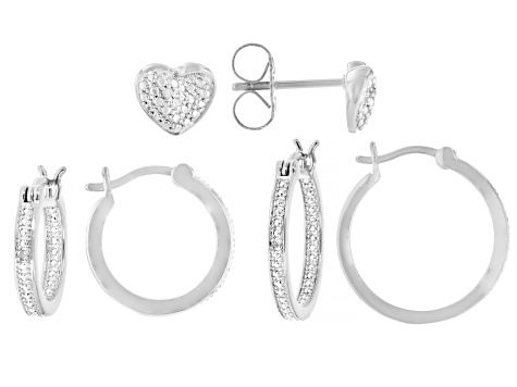 White Diamond Accent Rhodium Over Brass Stud And Hoop Set Of 3 Earrings