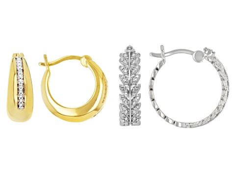White Diamond Accent Rhodium & 14k Yellow Gold Over Brass Set Of 2 Hoop Earrings