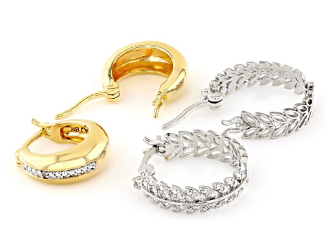 White Diamond Accent Rhodium & 14k Yellow Gold Over Brass Set Of 2 Hoop Earrings