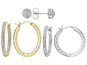 White Diamond Accent Rhodium And 14k Yellow Gold Over Brass Set Of 3 Earrings