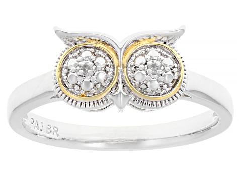 White Diamond Accent Rhodium & 14k Yellow Gold Over Brass Owl Ring