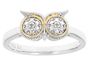 White Diamond Accent Rhodium & 14k Yellow Gold Over Brass Owl Ring