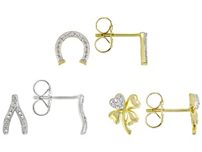 White Diamond Accent 14K Yellow Gold and Rhodium Over Brass Box Set of 3 Good Luck Theme Earrings