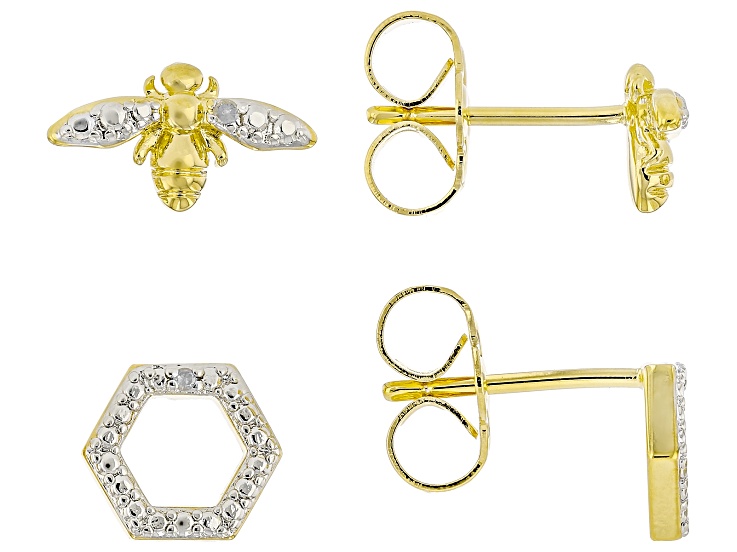 White Diamond Accent Rhodium Over Brass Set of Bumblebee and Honeycomb Stud Earrings
