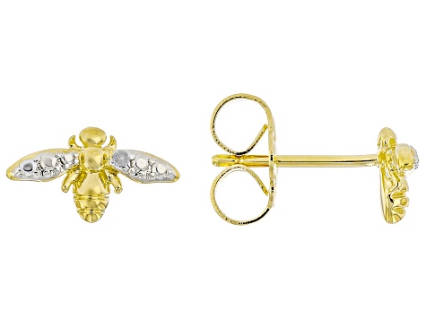 White Diamond Accent Rhodium Over Brass Set of Bumblebee and Honeycomb Stud Earrings