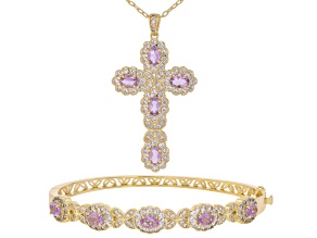 Purple Brazilian Amethyst 18k Gold Over Brass Pendant with Chain and Bracelet Set 6.40ctw