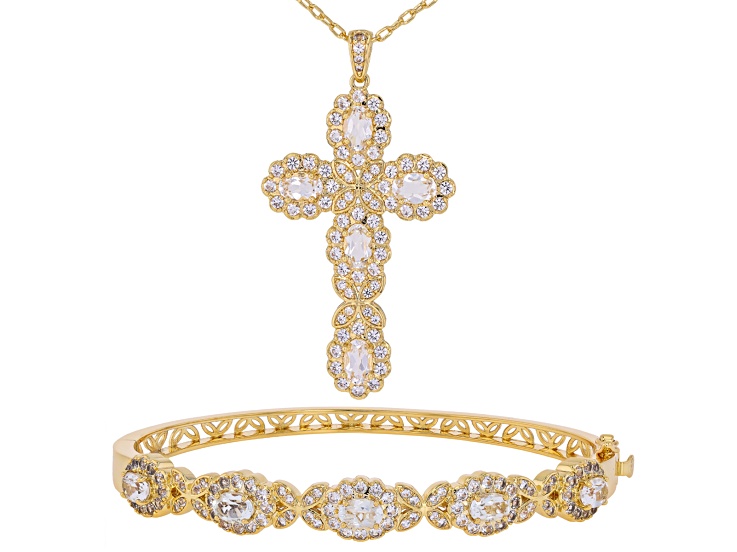 White Topaz 18k Gold Over Brass Pendant with Chain and