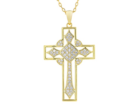 White Lab Created Sapphire 18k Yellow Gold Over Brass Pendant With Chain 0.85ctw