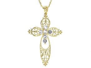 White Lab Created Sapphire 18k Yellow Gold Over Brass Cross Pendant With Chain 1.53ctw