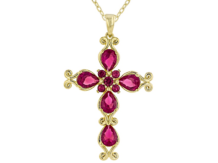 Lab Created Ruby 18k Yellow Gold Over Brass Cross Pendant With