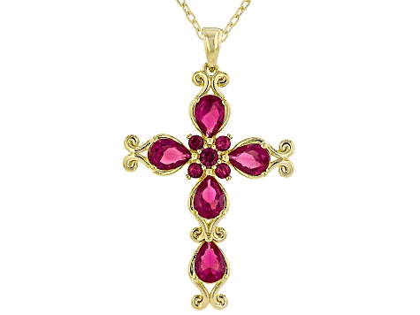 Lab Created Ruby 18k Yellow Gold Over  Cross Pendant With Chain 3.93ctw