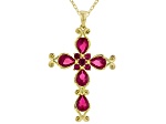 Lab Created Ruby 18k Yellow Gold Over  Cross Pendant With Chain 3.93ctw