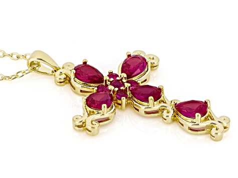 Lab Created Ruby 18k Yellow Gold Over  Cross Pendant With Chain 3.93ctw