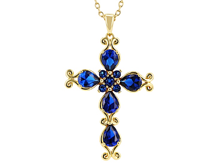 Blue Lab Created Spinel 18k Yellow Gold Over Brass Cross Pendant