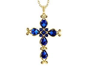 Blue Lab Created Spinel 18k Yellow Gold Plated Cross Pendant with Chain 3.52ctw