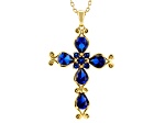 Blue Lab Created Spinel 18k Yellow Gold Plated Cross Pendant with Chain 3.52ctw
