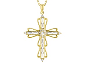White Lab Created Sapphire 18k Yellow Gold Over Brass Cross Pendant With Chain 1.44ctw