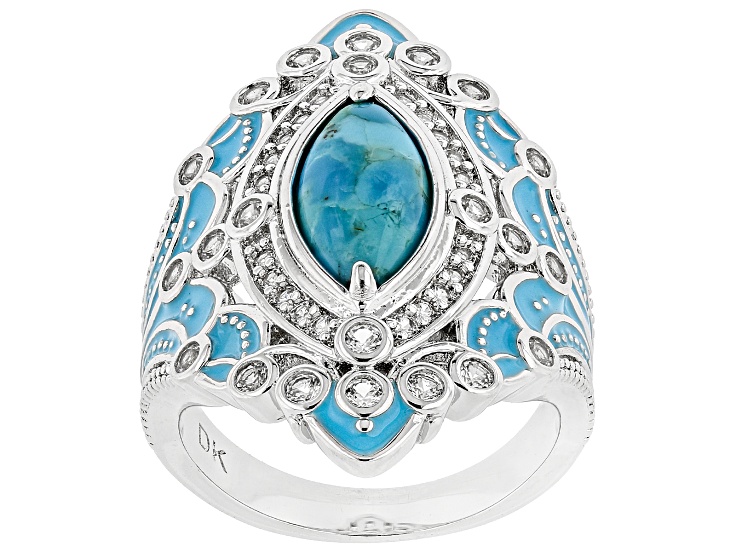 Blue Composite Turquoise With White Lab Created Sapphire Rhodium