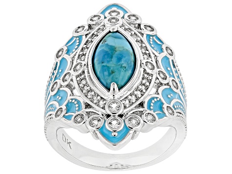 Blue Composite Turquoise With White Lab Created Sapphire Rhodium