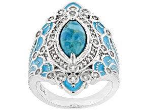 Blue Composite Turquoise With White Lab Created Sapphire Rhodium Over Brass Ring 0.73ctw