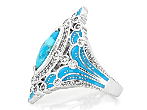 Blue Composite Turquoise With White Lab Created Sapphire Rhodium