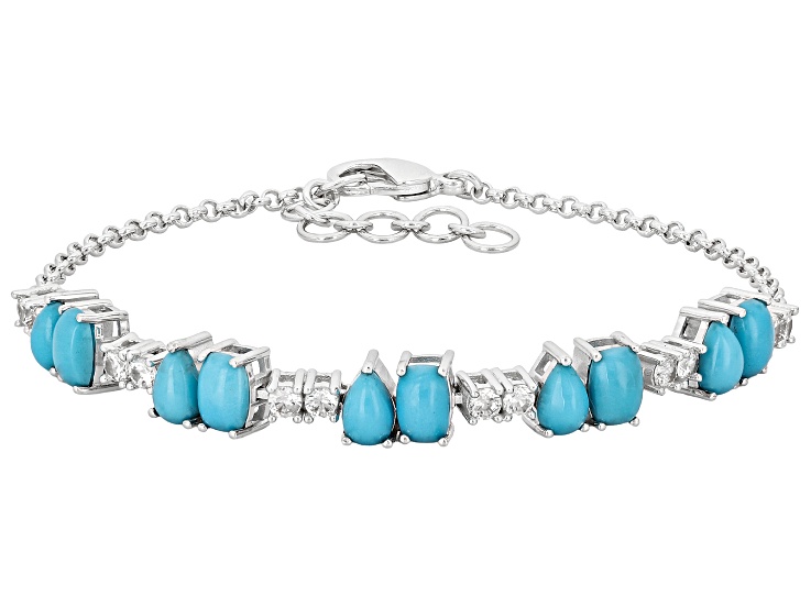 Blue Sleeping Beauty Turquoise With White Zircon Rhodium Plated Bracelet 1.10ctw