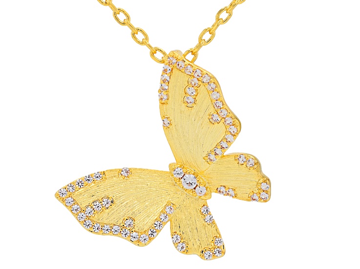 White Lab Created Sapphire 18K Yellow Gold Plated Brushed Pendant With Chain 0.51ctw