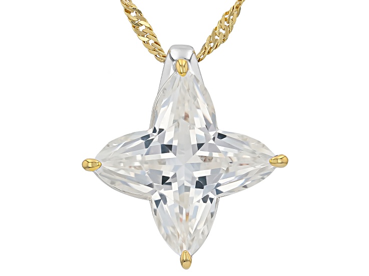 White Lab Created Sapphire Rhodium & 18K Yellow Gold Plated Flower Cut Pendant/Chain 7.00ct