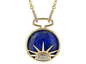 Blue Lapis Lazuli With White Zircon 18K Yellow Gold Plated Pendant With Chain 0.15ctw