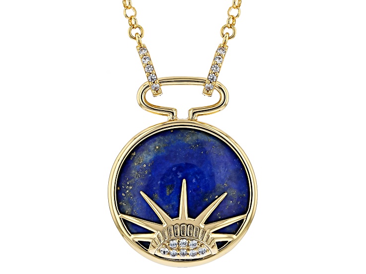 Blue Lapis Lazuli With White Zircon 18K Yellow Gold Plated Pendant With Chain 0.15ctw