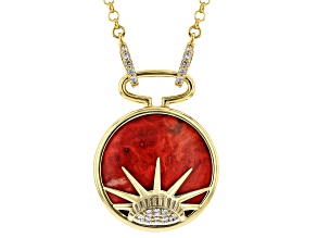 Red Sponge Coral With White Zircon 18K Yellow Gold Over Brass Pendant With Chain 0.15ctw