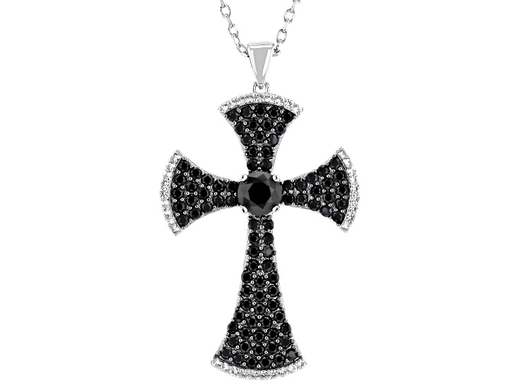 Black Spinel With White Lab Created Sapphire Rhodium Over Brass