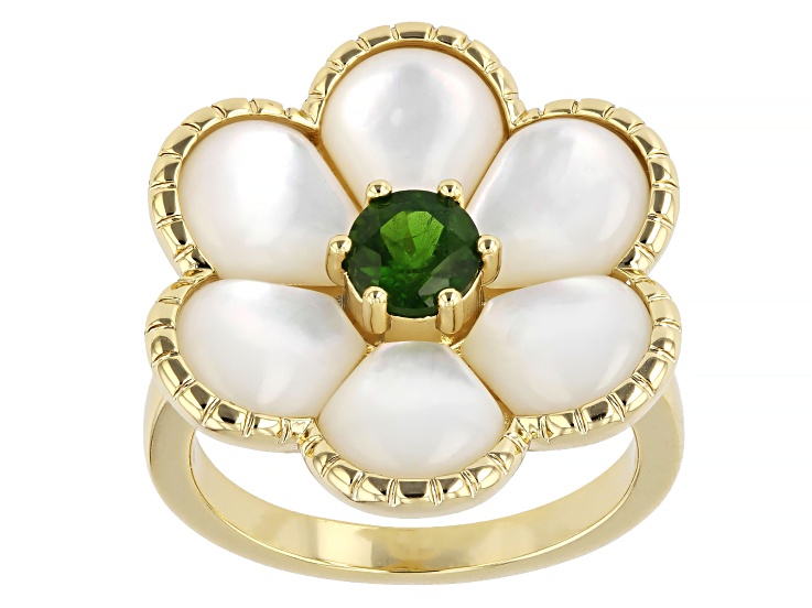 Green Chrome Diopside With White Mother-of-Pearl 18K Yellow Gold