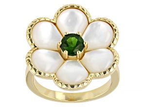 Green Chrome Diopside With White Mother-of-Pearl 18K Yellow Gold Over Brass Flower Ring 0.47ctw