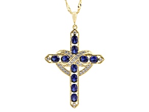 Blue Lab Sapphire and White Lab Sapphire 18k Yellow Plated Cross Pendant With Chain 1.42ctw