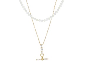 White Lab Created Sapphire with White Mother-Of-Pearl 18K Yellow Gold Over Brass Necklace 1.83ctw