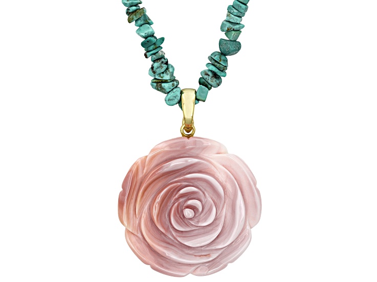 Pink Conch Shell with Blue Kingman Turquoise 18K Yellow Gold
