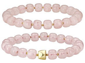 Rose Quartz 18K Yellow Gold Plated Beaded Stretch Bracelet Set of 2