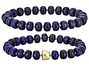 Blue Lapis Lazuli 18K Yellow Gold Over  Beaded Stretch Bracelet Set of 2