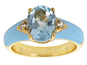Sky Blue Topaz with White Zircon 18K Yellow Gold Over Brass Enamel Ring 3.09ctw