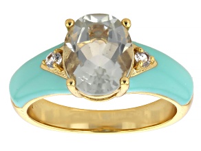 Green Prasiolite with White Zircon 18K Yellow Gold Over Brass Enamel Ring 2.58ctw