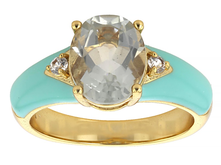 Green Prasiolite with White Zircon 18K Yellow Gold Plated Enamel Ring 2.58ctw