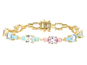 Sky Blue Topaz with Pink Amethyst & Green Prasiolite 18K Yellow Gold Plated Bracelet 16.08ctw